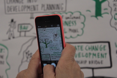 A hand is holding a smartphone, pointing to a graphic recording of a meeting